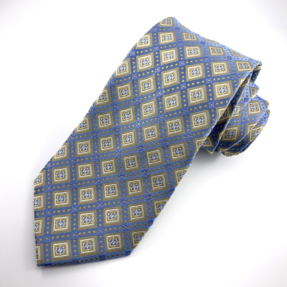 Pronto‎ Uomo Couture Mens Tie Light Blue & Gold Geometric 100 % Silk Necktie